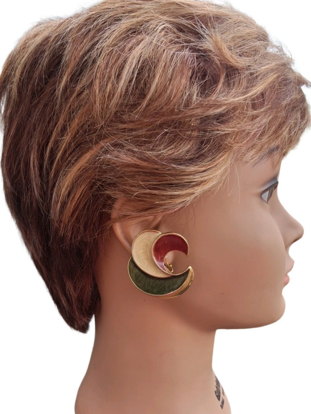 Vintage 80s Gold Tone Enamel Crescent Wave Swirl Clip On Earrings Abstract